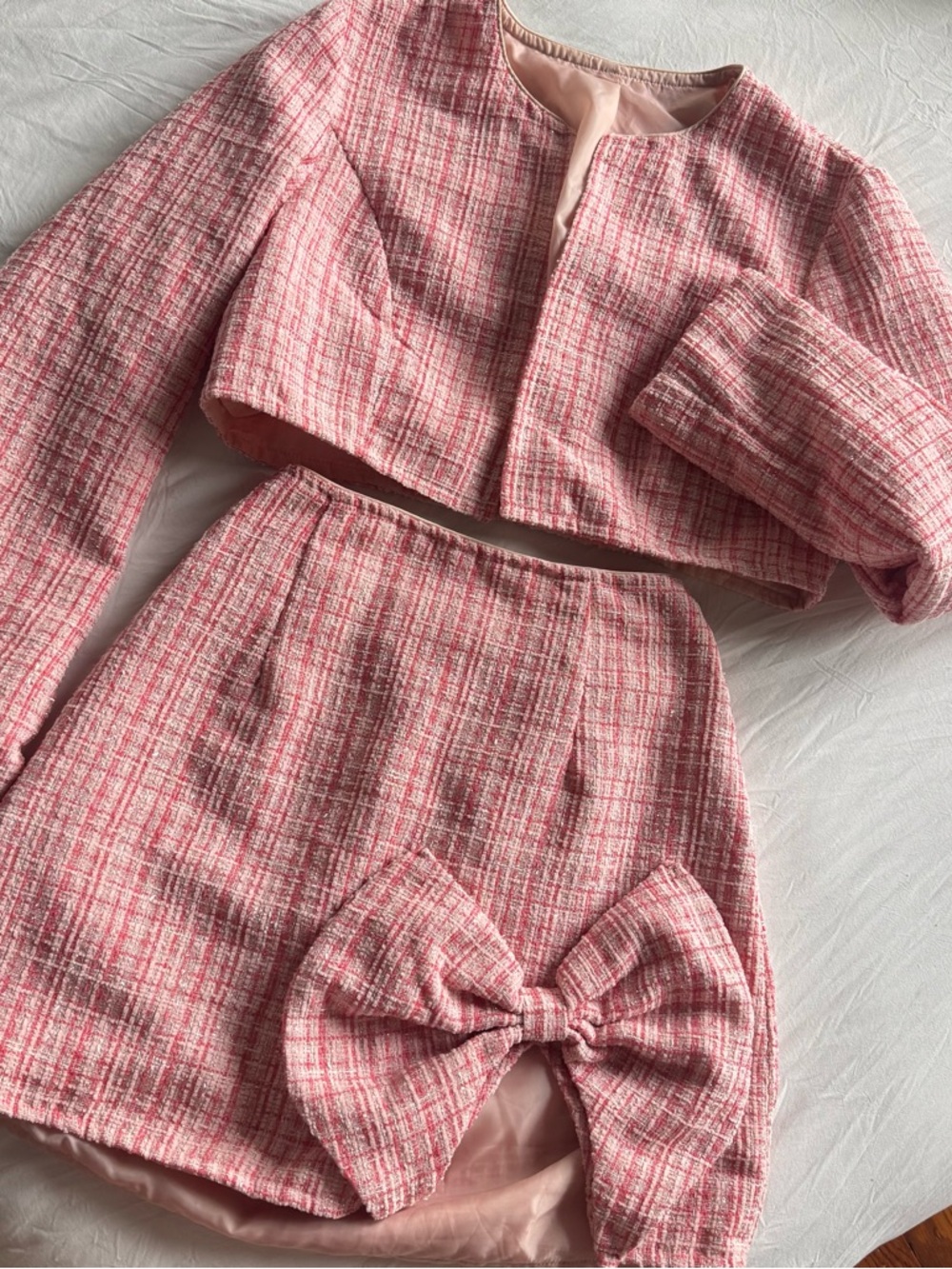 Pink Tweed Top & Skirt Set with Bow - Picture 6 of 7